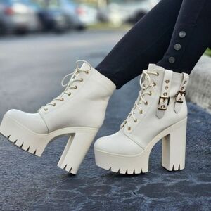 White Women’s Lace-Up Booties Block Heel Pull-On Style Gold Buckle